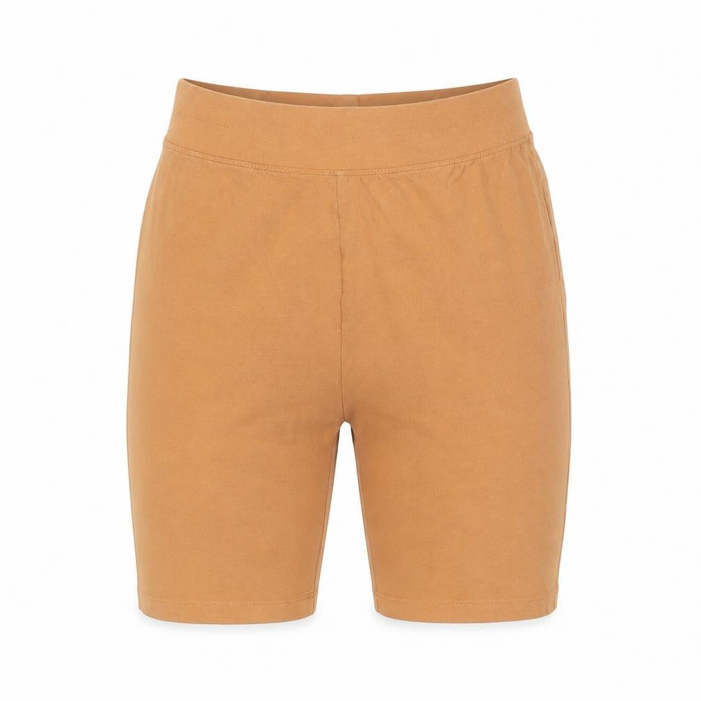 Front view of Threadbare women’s brown cotton compression shorts, size UK 10, 8-inch leg regular