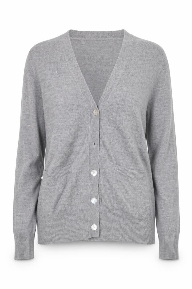 Front view of Atmosphere women’s grey v-neck acrylic cardigan jumper, size UK 10