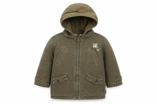 Front view of Obaibi boys’ green basic coat coat, size 18, months zip