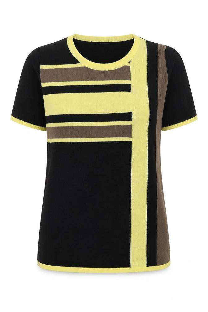 Afibel Womens Black Crew Neck Striped Acrylic Pullover Jumper Size 10   - Yellow