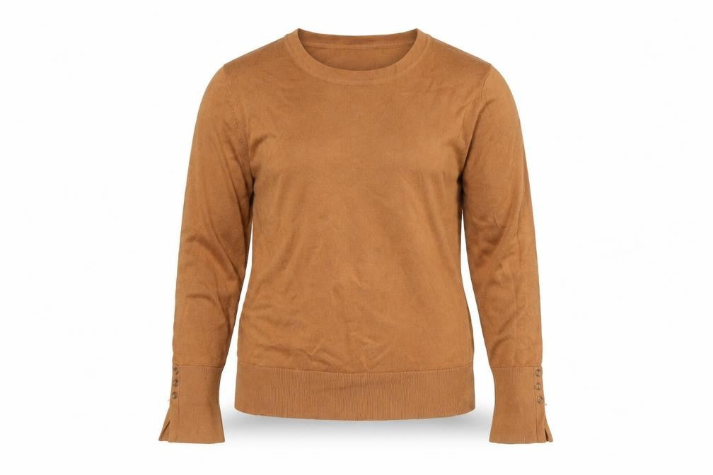 Front view of M&Co women’s brown round neck viscose jumper, size UK 16