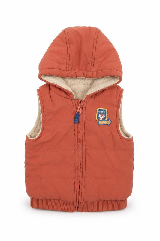 Front view of Dunnes boys’ orange gilet coat, size 3-6, months zip