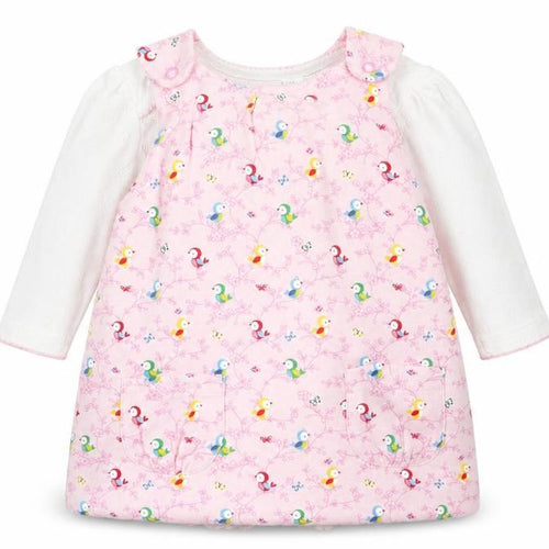 Mini Club Girls Pink Geometric Cotton Pinafore/Dungaree Dress  Size 3-6 Months  Round Neck Button - 2 Piece set