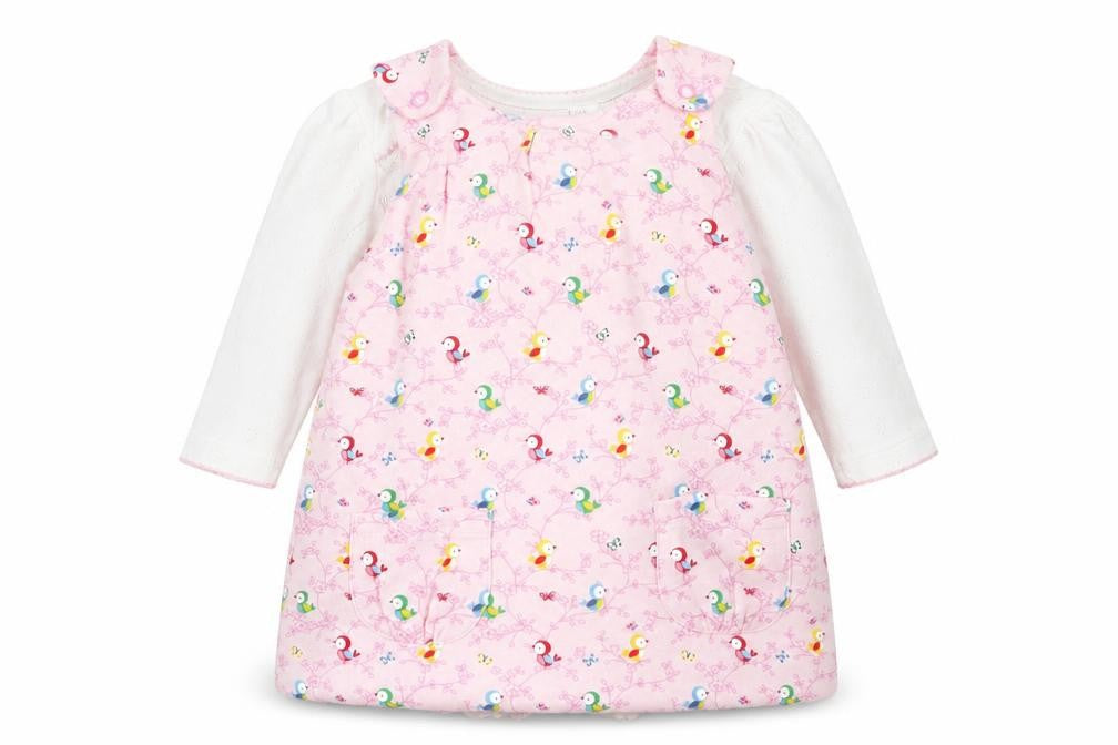 Mini Club Girls Pink Geometric Cotton Pinafore/Dungaree Dress  Size 3-6 Months  Round Neck Button - 2 Piece set