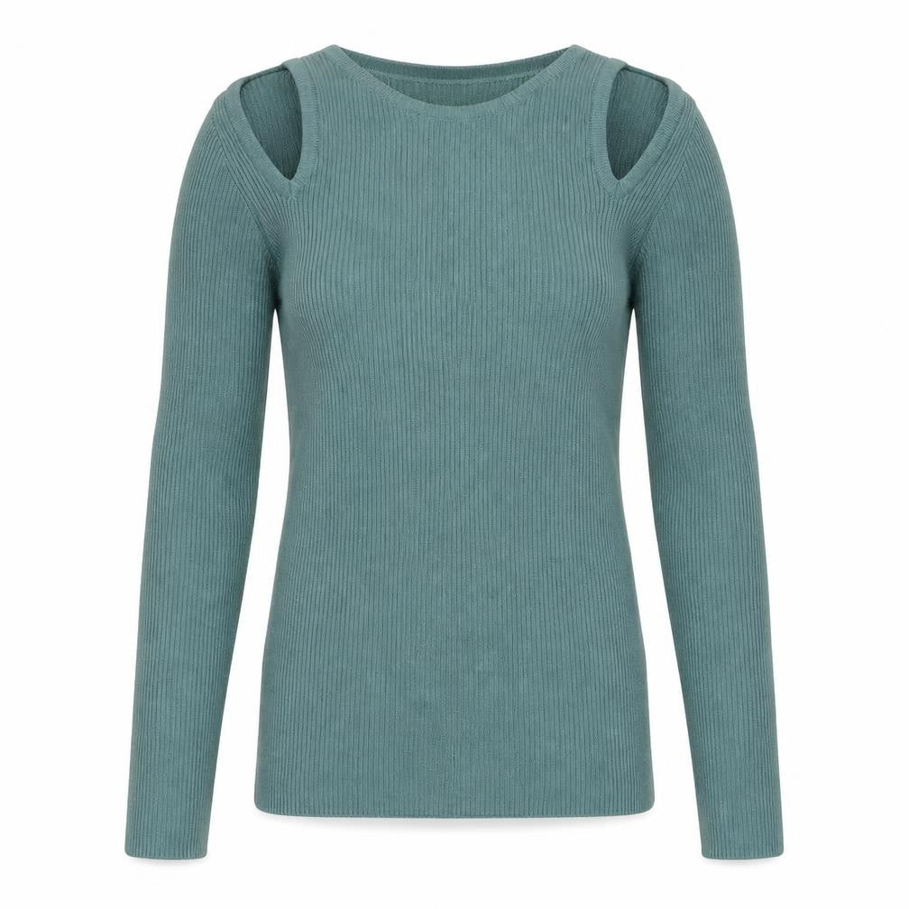 Front view of Matalan women’s green round neck cotton jumper, size UK 8