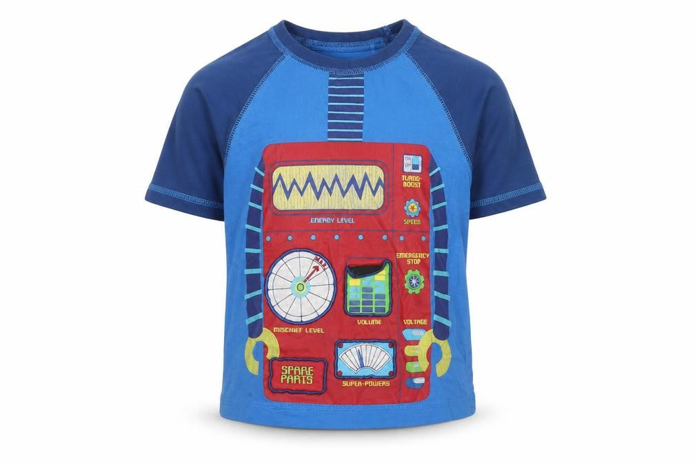Front view of George boys’ blue cotton basic t-shirt, size 2-3, years crew neck - robot