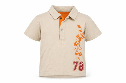 Front view of Adams Baby Beige Floral Cotton Basic Polo, size 9-12, Months Collared - Number