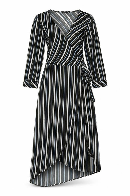 Front view of Calliope women’s multicoloured striped polyester wrap dress, size XS, v-neck