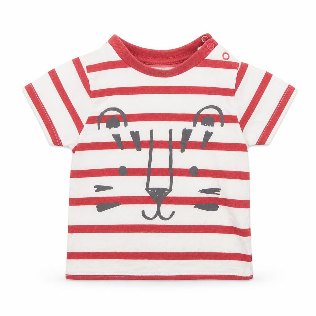 F&F Boys Brown Striped Cotton Basic T-Shirt Size 6-9 Months Round Neck Snap
