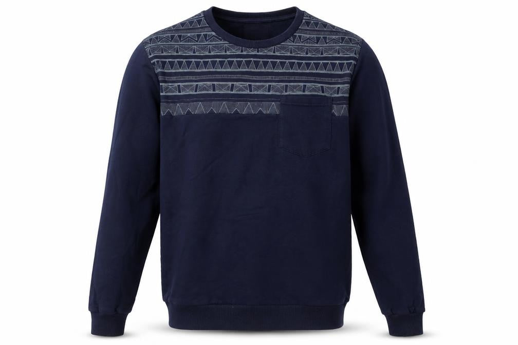Front view of Easy men’s blue cotton pullover sweatshirt, size M