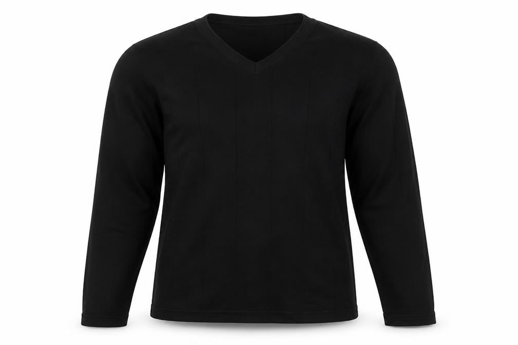 Front view of Next men’s black v-neck acrylic jumper, size S