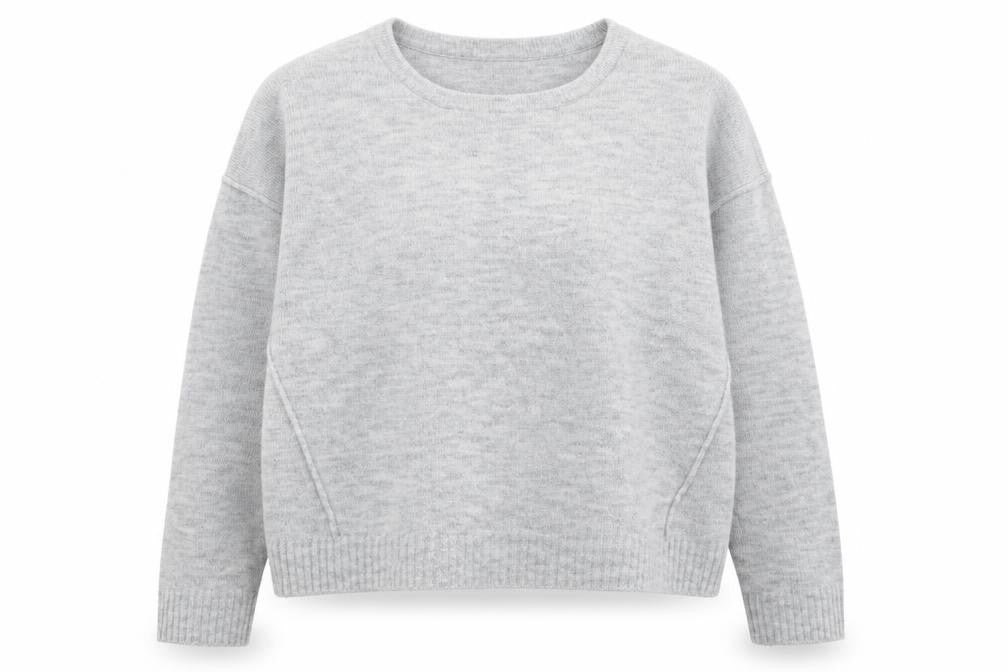 Front view of Primark women’s grey round neck acrylic jumper, size UK 14