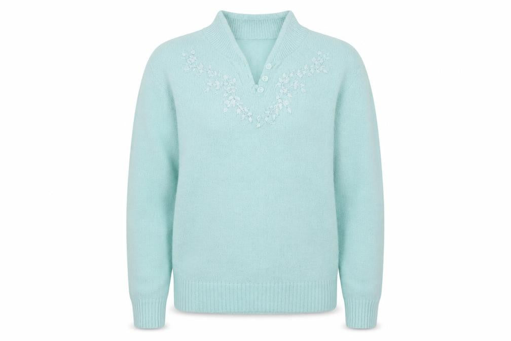 Front view of EWM women’s blue v-neck acrylic jumper, size M