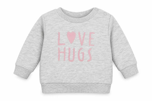 Front view of Primark girls’ grey cotton jumper, size 0-3, months - love hugs