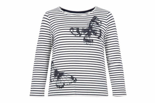 Front view of Next women’s white striped cotton basic t-shirt, size UK 8, boat neck - butterflies