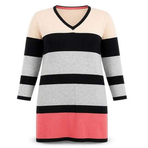 F&F Womens Multicoloured V-Neck Striped Viscose Tunic Jumper Size 14