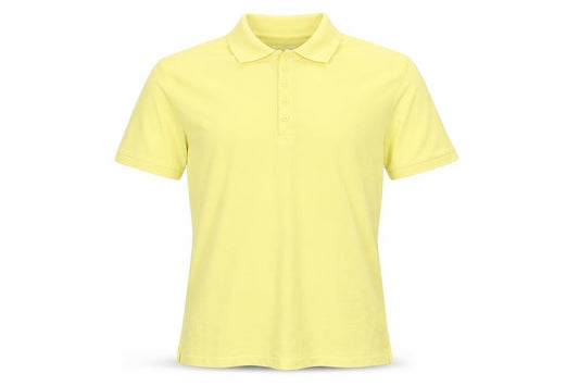 Front view of Dunnes men’s yellow cotton polo, size S, collared button