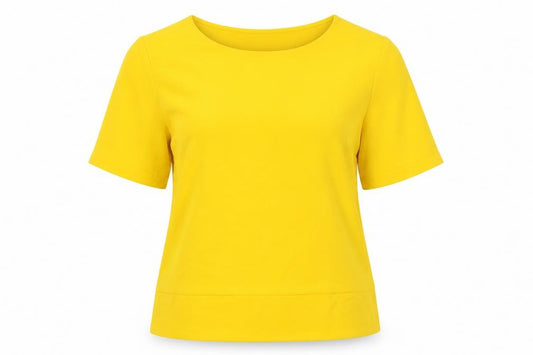 Front view of Dunnes women’s yellow polyester basic blouse, size L, boat neck
