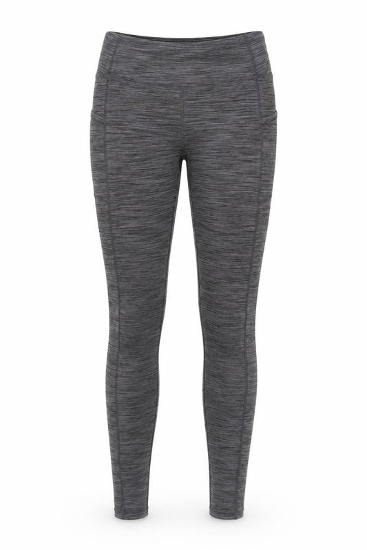 Front view of Preworn women’s grey striped polyester compression leggings, size XS, 29-inch leg regular