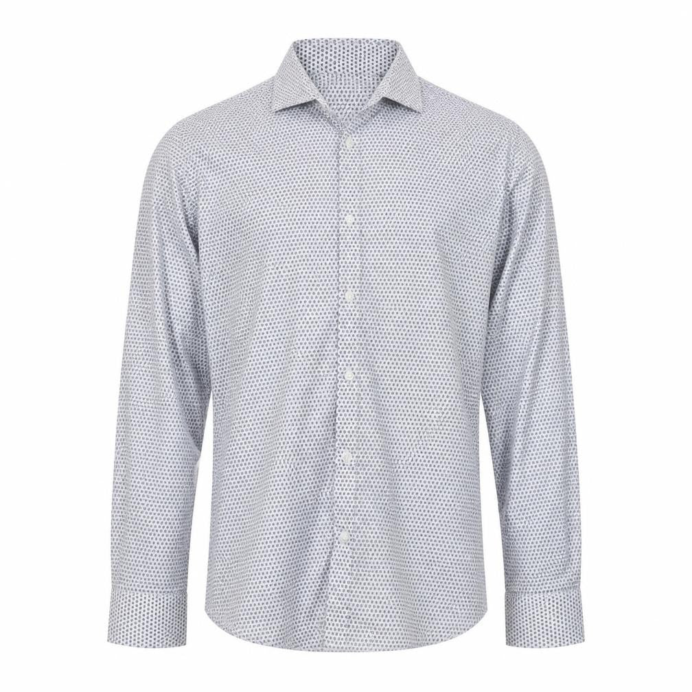 Front view of Zara men’s blue geometric cotton button-up, size M, collared