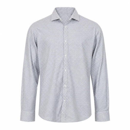 Front view of Zara men’s blue geometric cotton button-up, size M, collared