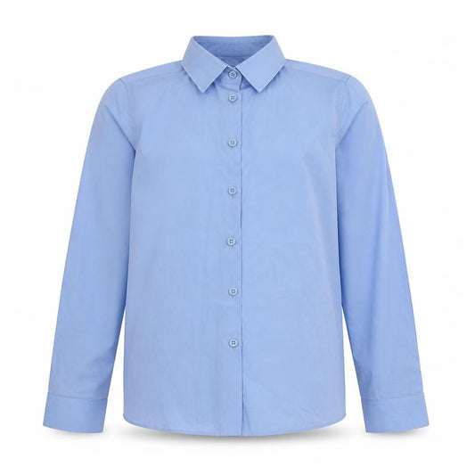 Front view of Marks & Spencer boys’ blue polyester basic button-up, size 11-12, years collared