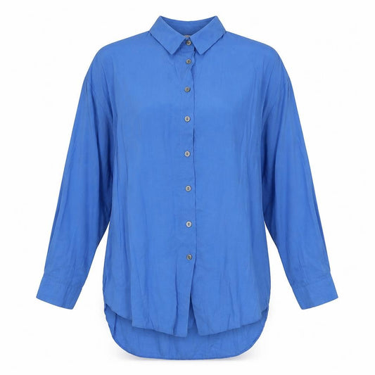 Front view of New Look women’s blue modal basic button-up, size UK 8, collared
