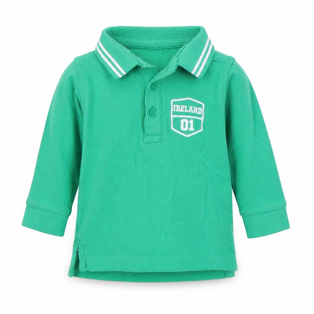 Front view of Dunnes boys’ green 100% cotton basic polo, size 3-6, months collared pullover - ireland