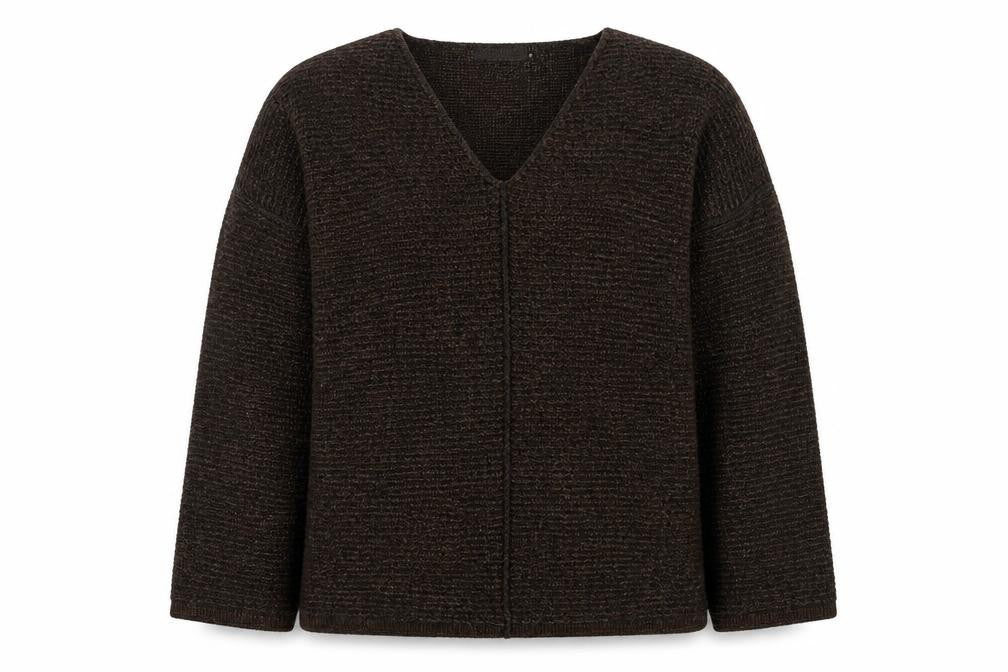 Front view of Peter Werth women’s brown round neck acrylic jumper, size UK 4