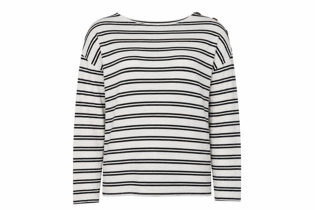 Front view of Peacocks women’s white round neck striped polyester jumper, size UK 8