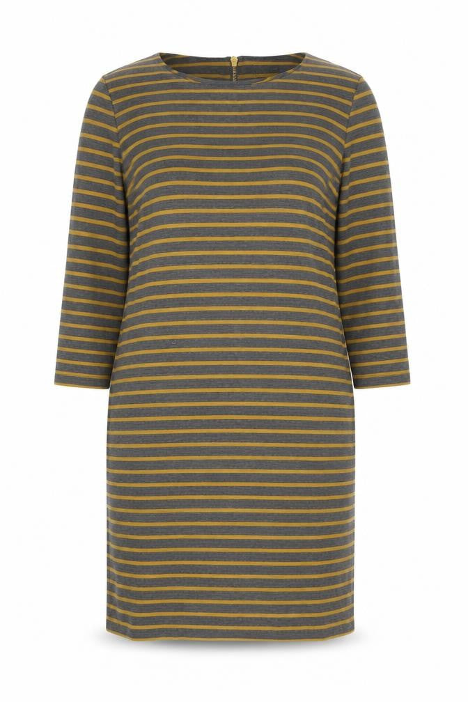 Front view of Villa women’s yellow round neck striped polyester jumper, size M