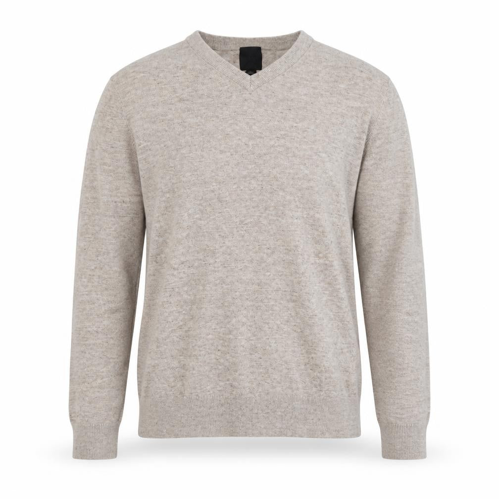 Front view of H&M men’s beige v-neck cotton jumper, size M