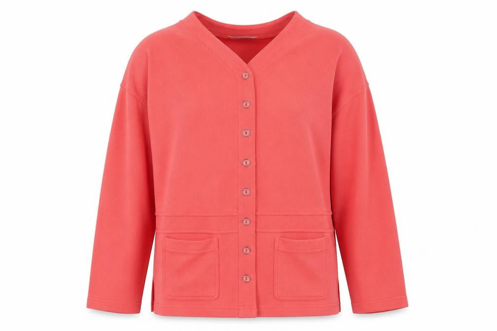 Front view of Instyle women’s pink round neck polyester cardigan jumper, size M