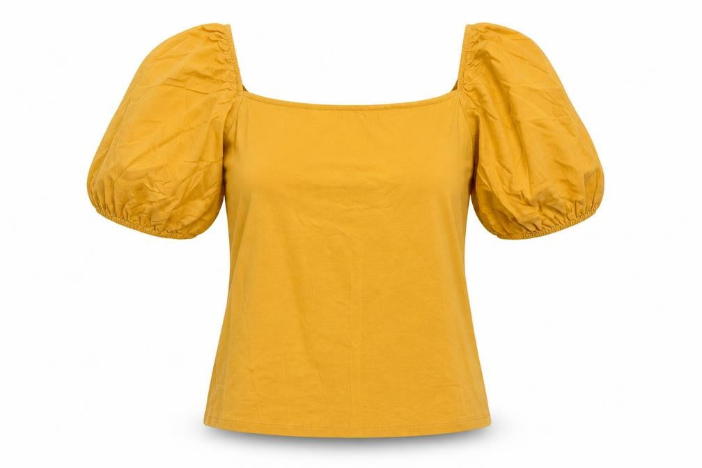 Front view of h7m women’s yellow viscose basic t-shirt, size S, square neck