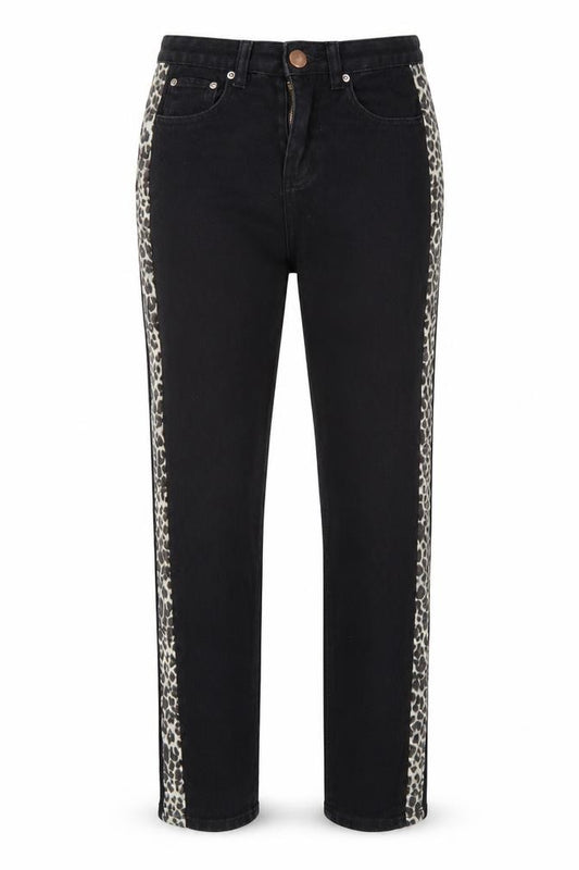 Front view of PRETTYLITTLETHING women’s black animal print cotton straight jeans, size UK 8, 27-inch leg regular button