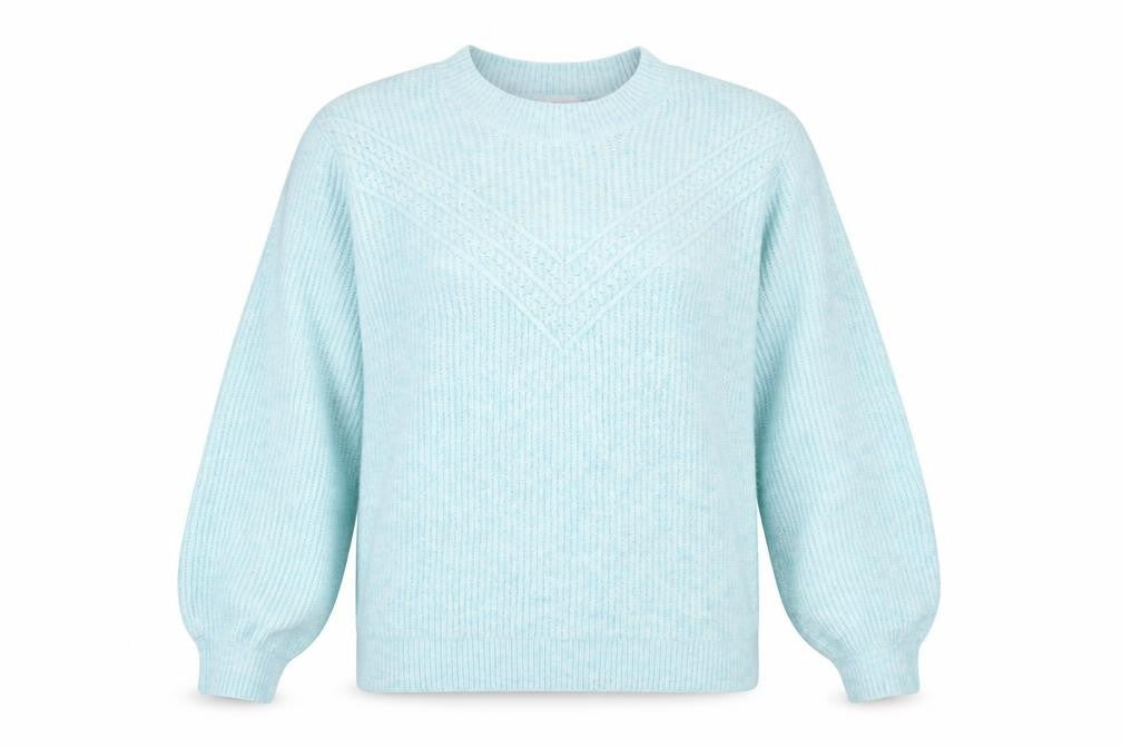 Front view of Next women’s blue crew neck acrylic jumper, size UK 8