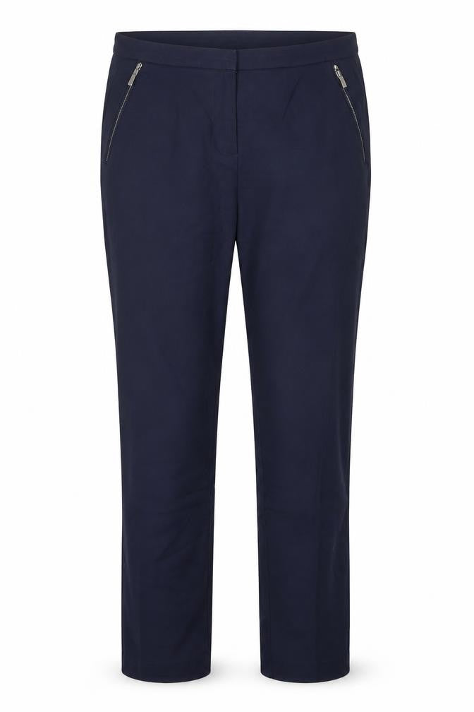 Front view of f7f women’s blue polyester trousers, size UK 12, 25-inch leg regular hook & eye