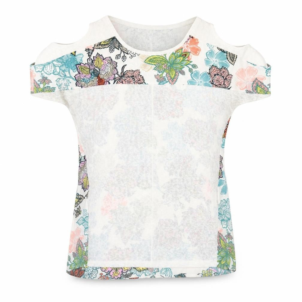 Front view of Next women’s multicoloured floral polyester basic t-shirt, size UK 12, crew neck - cold shoulder