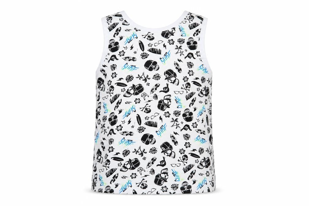 Front view of Pep&Co 0 boys’ white geometric cotton pullover tank, size 6-7, years crew neck pullover - skull print