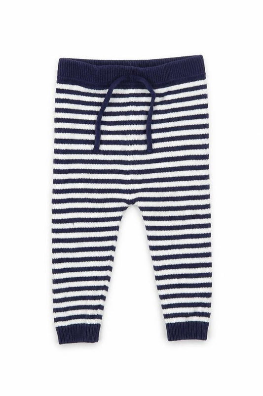 Front view of Bub Baby Blue Striped Cotton Jogger Trousers, size 9, Months Drawstring