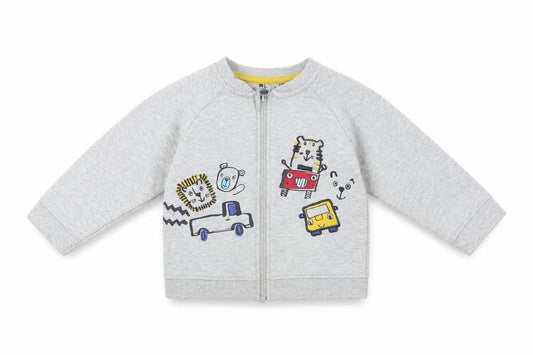 Front view of Nutmeg Baby Grey Cotton Full Zip Jumper, size 12-18, Months Zip - Cars