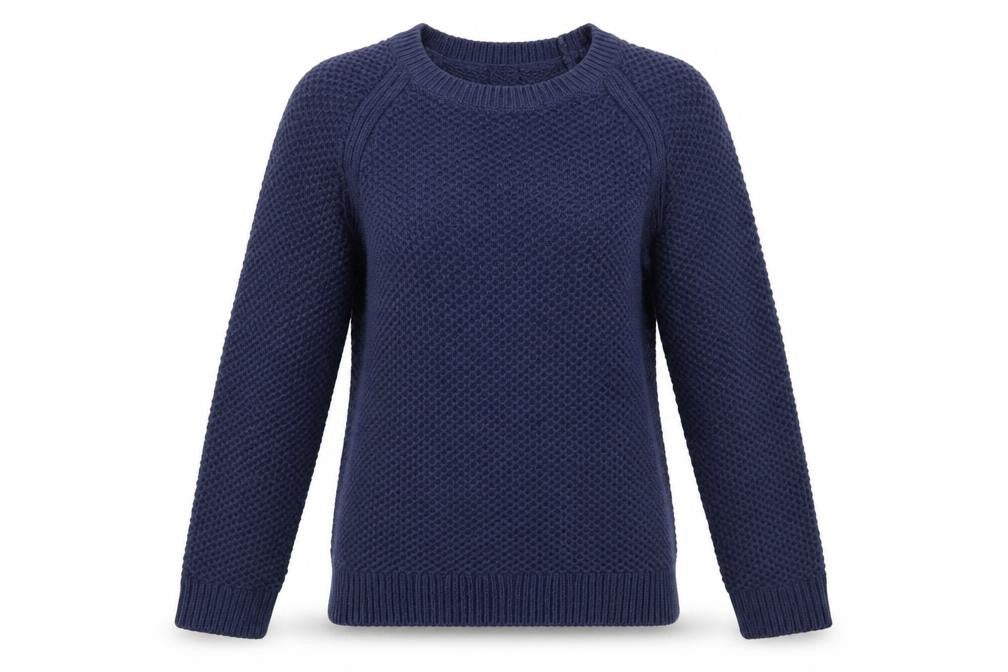 Front view of Gap women’s blue scoop neck acrylic jumper, size M