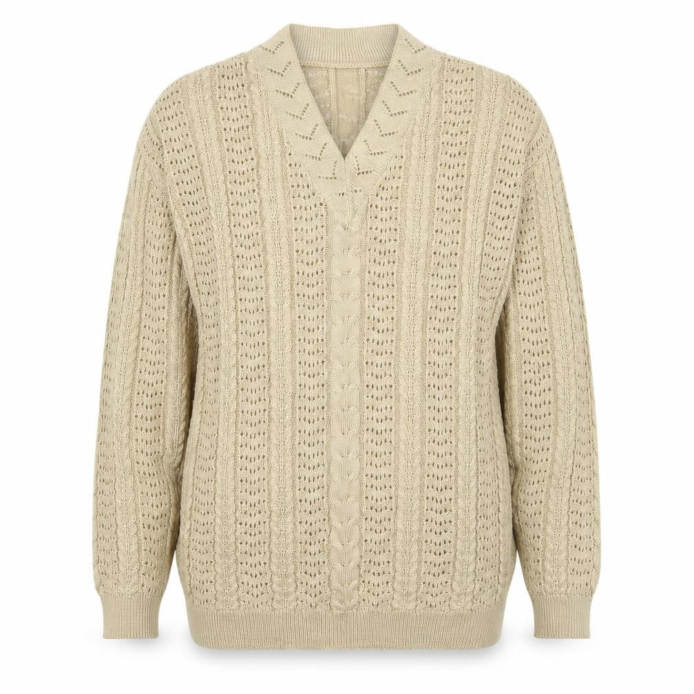 Front view of Classics women’s beige v-neck acrylic jumper, size UK 12
