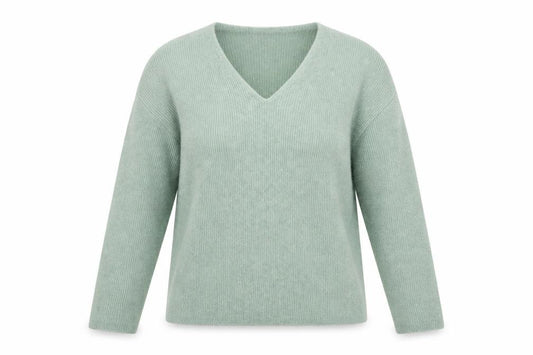 Front view of Vero Moda women’s green v-neck acrylic jumper, size XS