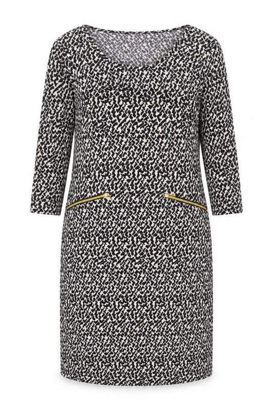 Front view of women’s multicoloured geometric polyester shift, size UK 14, round neck