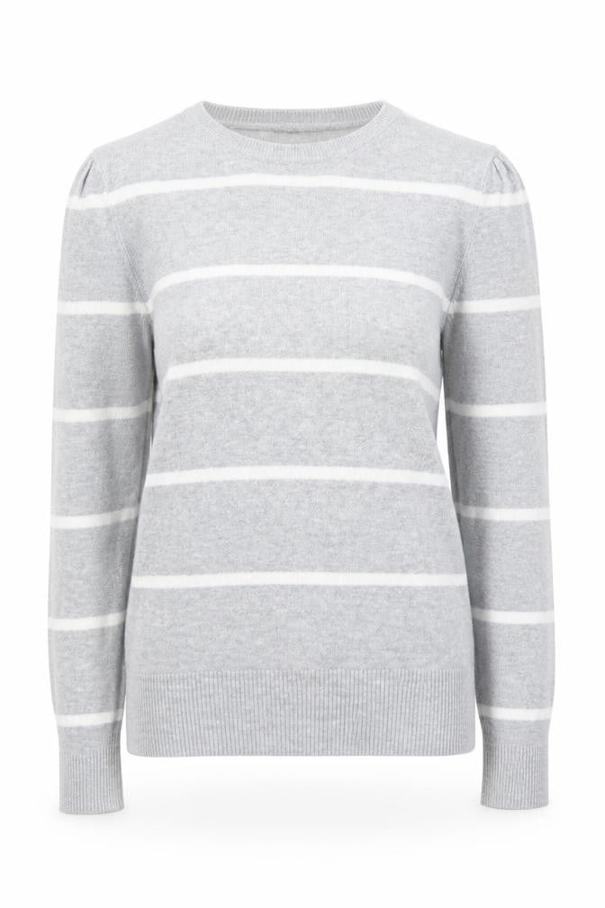 Front view of Marks & Spencer women’s grey roll neck striped viscose jumper, size UK 12
