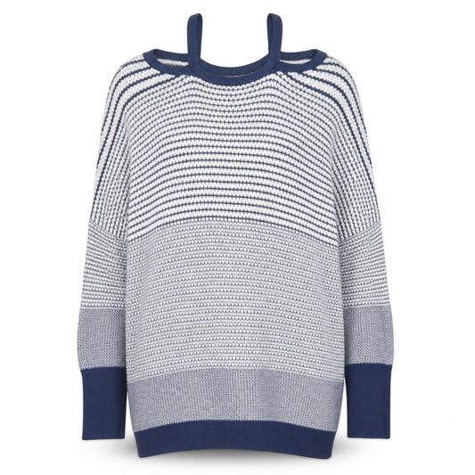 Front view of George women’s blue round neck geometric viscose jumper, size UK 12