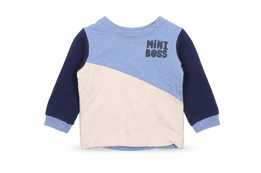 Front view of Peacocks boys’ blue colourblock cotton jumper, size 3-6, months pullover - boss