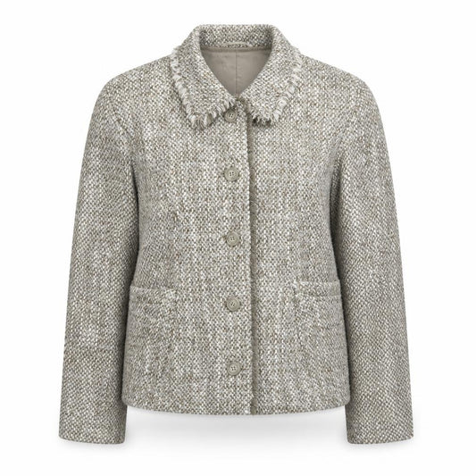 Front view of Hucke women’s beige jacket coatigan, size UK 12, button