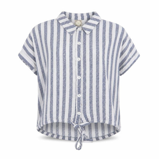 Front view of Tru Self women’s grey striped polyester basic button-up, size L, collared